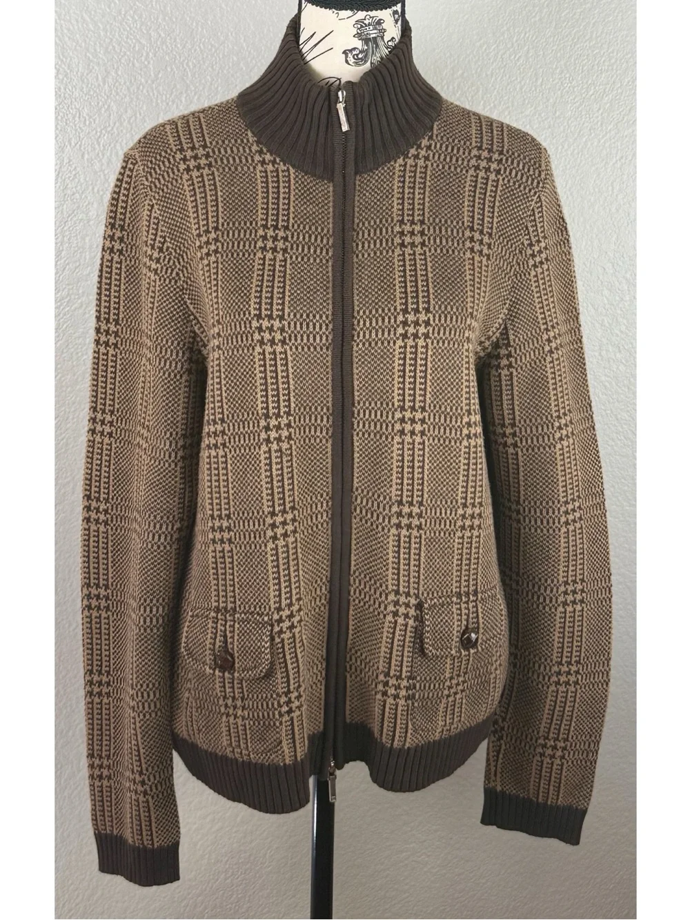 Lauren Ralph Lauren Houndstooth Plaid Knit Zip-Up Cardigan Jacket Large